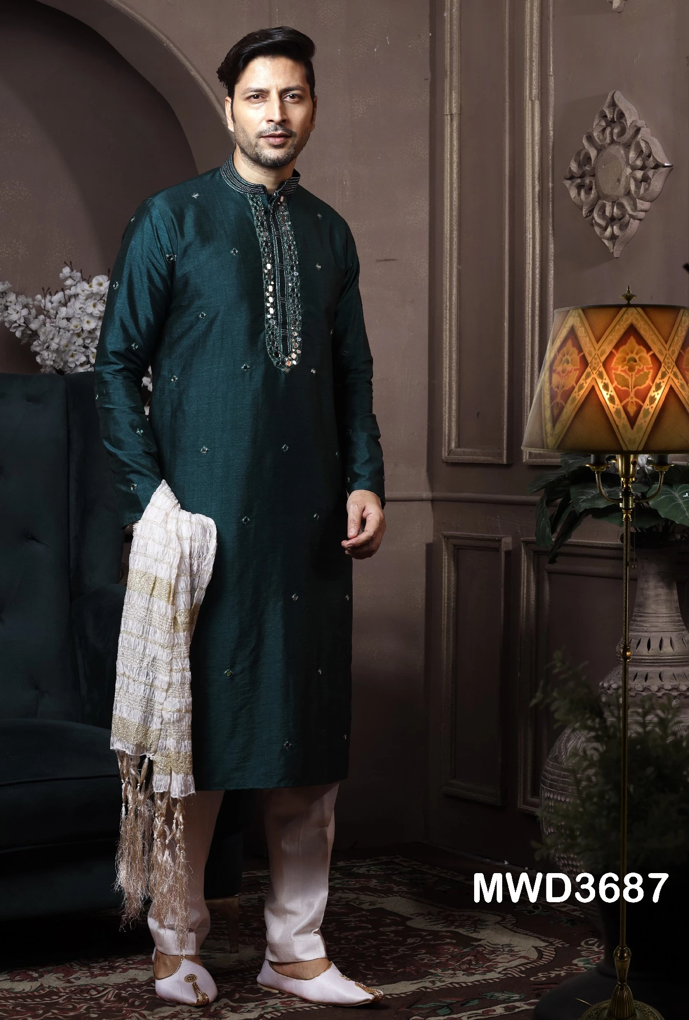 Dark Green Silk Readymade Embroidered Kurta Pajama, 36-1.webp